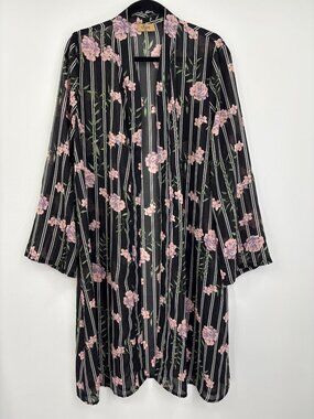 Jorja Floral Striped Sheer Kimono Cardigan Black Pink Size Large